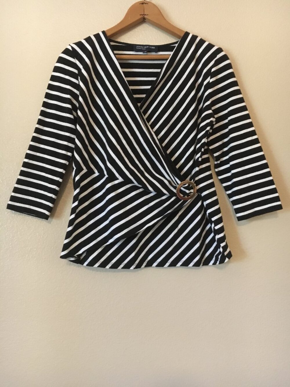 Black & White Stripe Faux Wrap Top M V-neck y2k Office Stretch Cotton